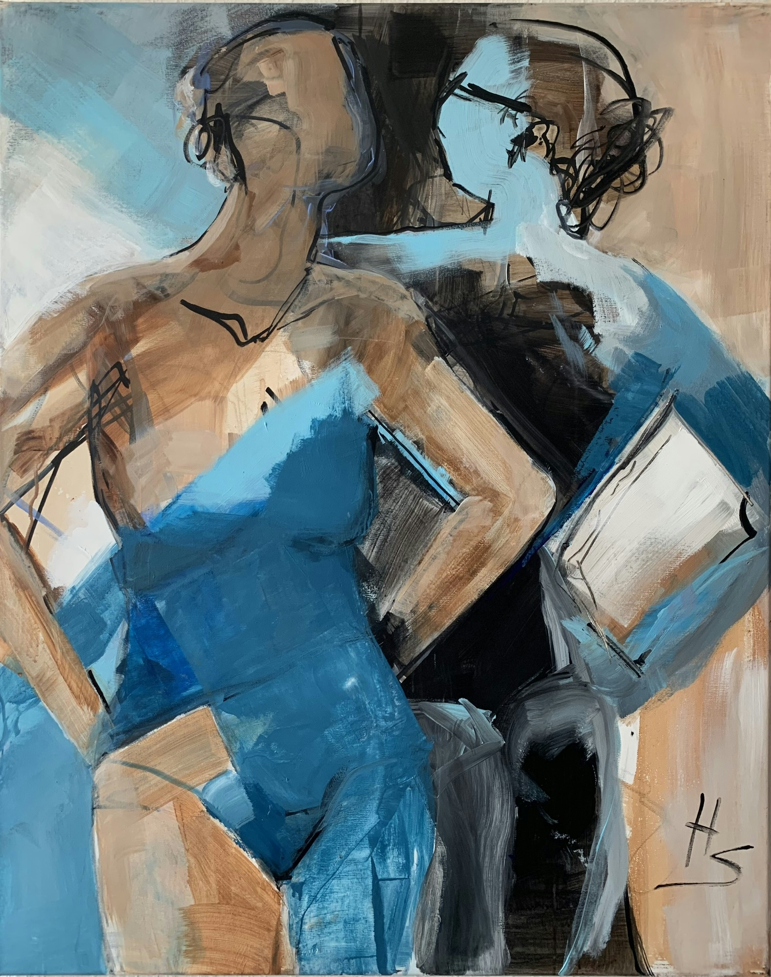 The artwork by Heike Schümann portrays two standing women, gazing at each other, with hands on their hips